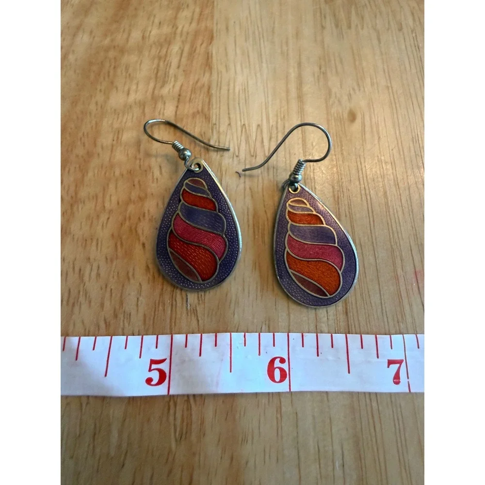 Cloisonne Enamel Seashell Teardrop Earrings Purple Orange Pink Coastal Dangle